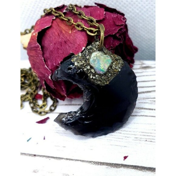 Obsidian and opal moon pyrite encrusted Necklace - Picture 1 of 10